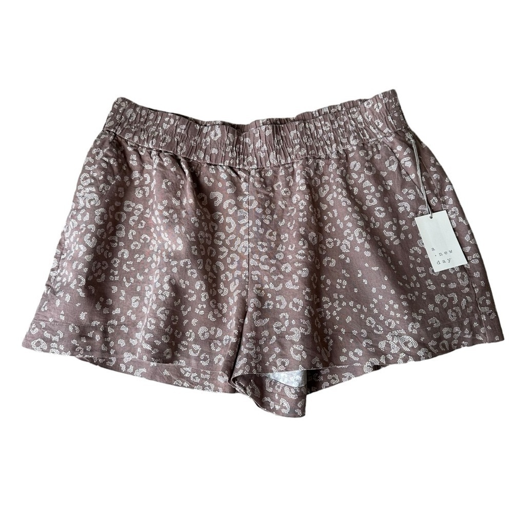 A New Day Brown Cheetah Print Elastic Waist Linen Blend Womens Shorts Size Large